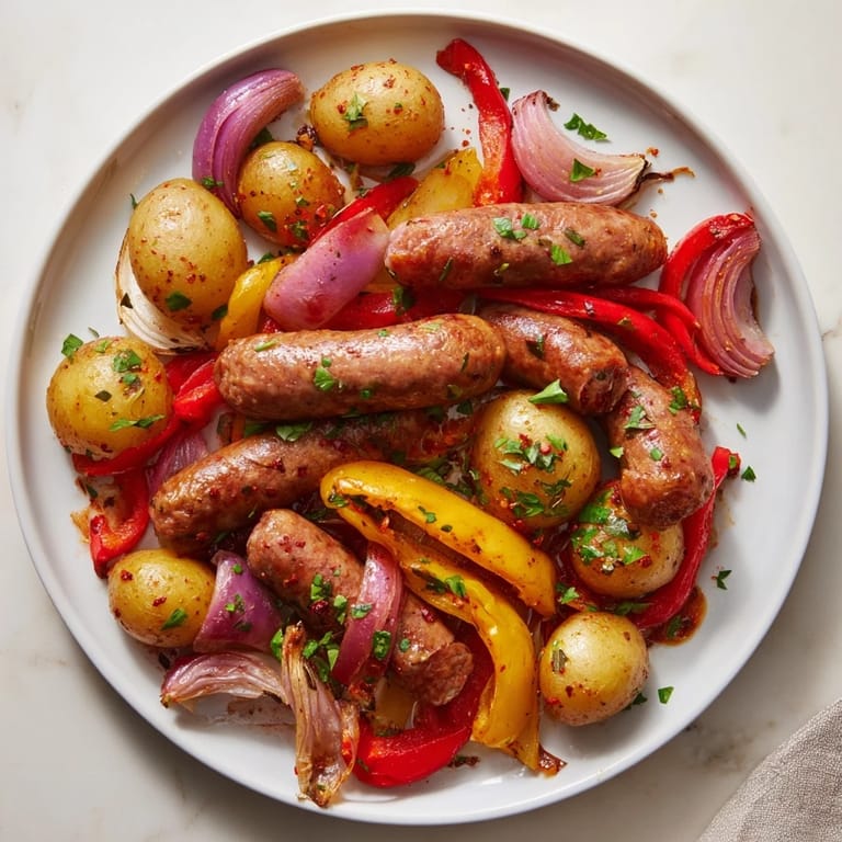 A delicious close-up of sheet-pan sausage with peppers, onions, and potatoes, perfect for a gluten-free dinner.
