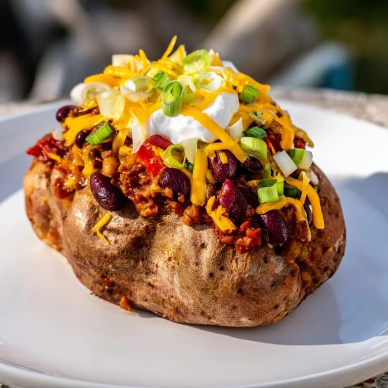 Close-up of perfectly baked Chili-Style Baked Potatoes with a vibrant, flavorful chili, ready to eat.