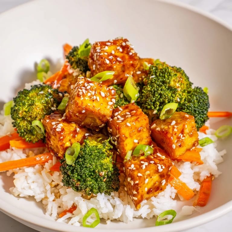 This sesame tofu & broccoli boasts a rich sauce, perfectly complementing the fluffy rice.