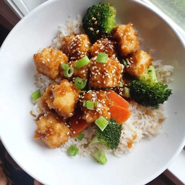 Crispy sesame tofu and tender broccoli mingle in a savory sauce, ready with steamed rice.