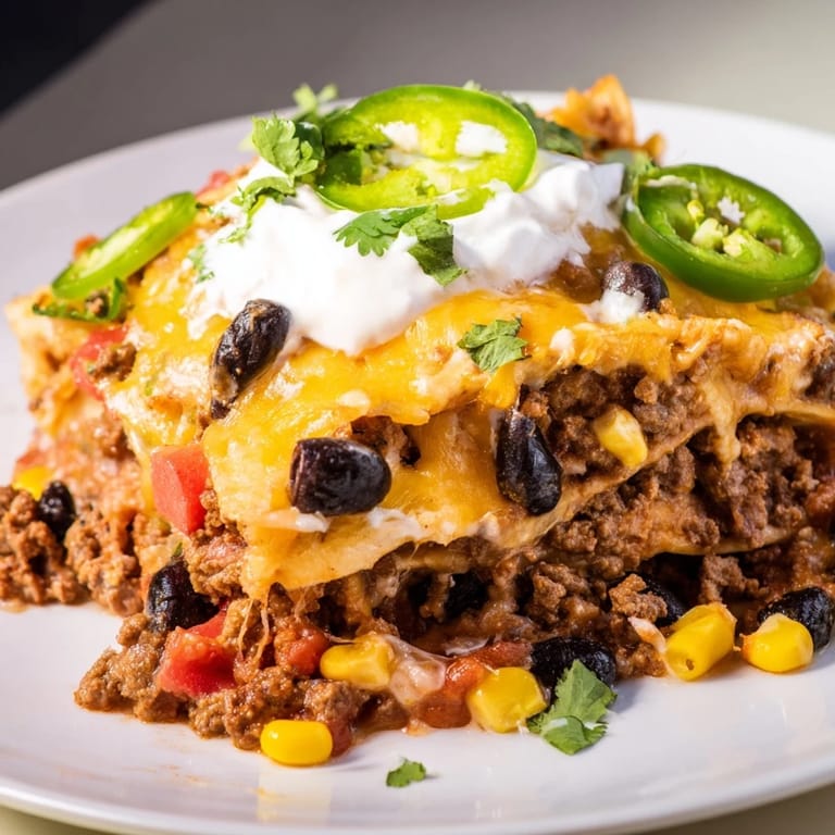 This delicious Taco Lasagna has melted cheese and hearty ground beef within each layer.
