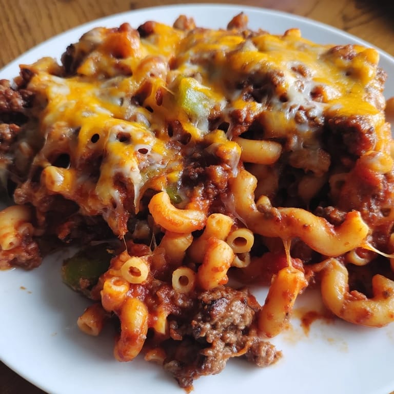 A close-up of a steaming, savory Hamburger Casserole, loaded with macaroni and beef, ready to eat.