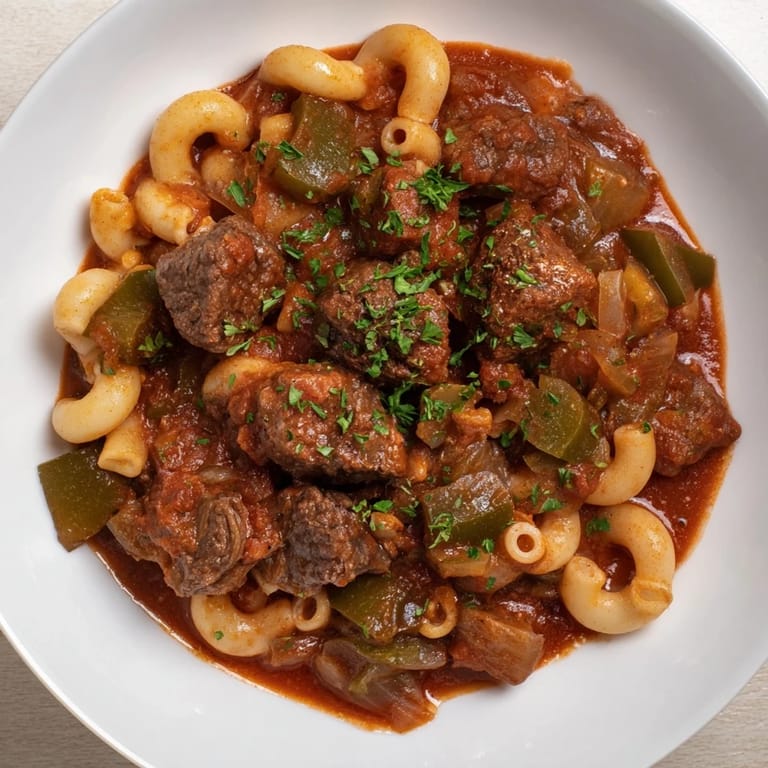 Skillet of savory goulash, with beef or turkey, pasta, and rich tomato sauce; a family favorite.
