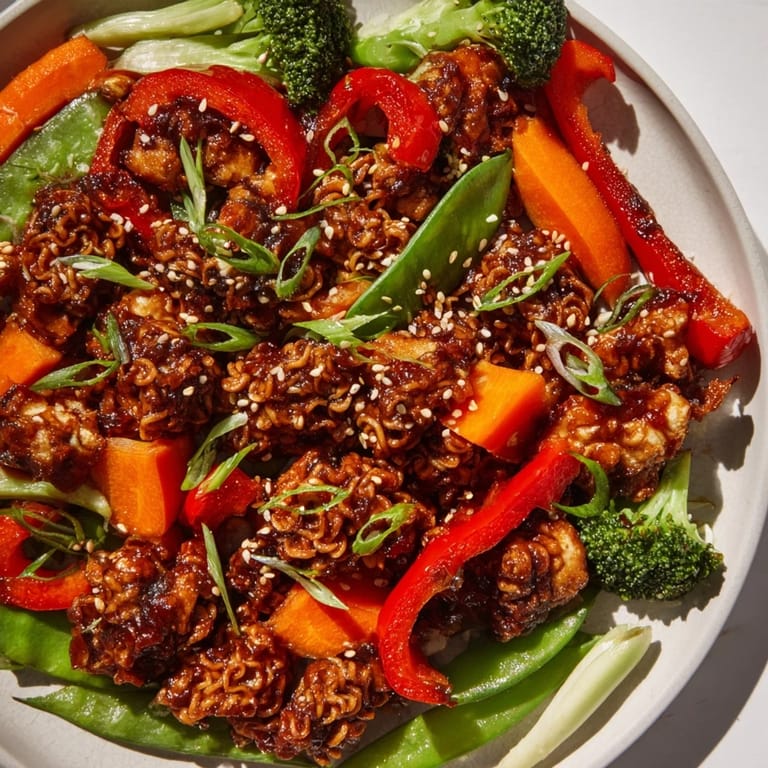 This Sheet-Pan Crispy Ramen features crispy noodles with roasted chicken and fresh green onion garnish.