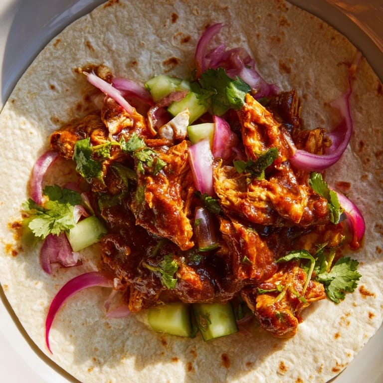 A close-up of slow-cooked chicken tikka masala tacos, with a vibrant, flavorful glaze drizzled on top.