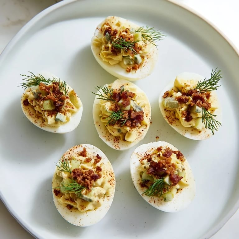 Beautifully garnished Loaded Deviled Eggs showcasing creamy filling, ready to serve as a tasty appetizer.