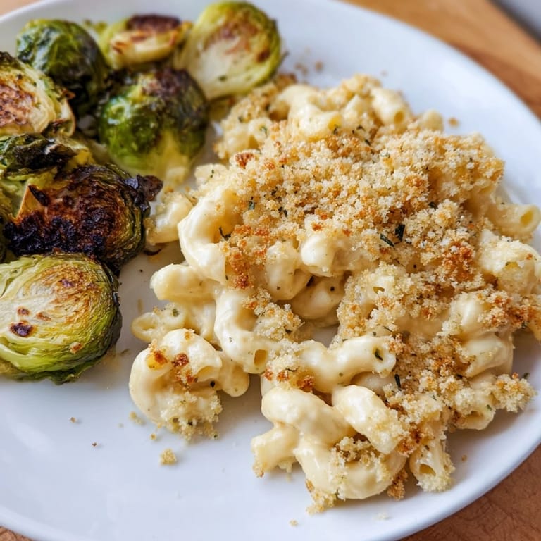 Sheet Pan Mac and Cheese, featuring perfectly roasted Brussels sprouts, ready for a comforting family dinner.