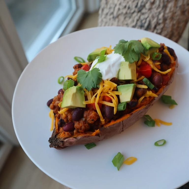 Fully-loaded baked sweet potato chili boats offer a hearty, flavorful vegetarian meal brimming with toppings.