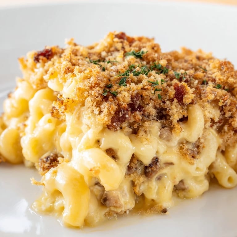 Crispy-edged sheet pan mac and cheese with a generous bacon crumble— imagine the cheesy aroma!