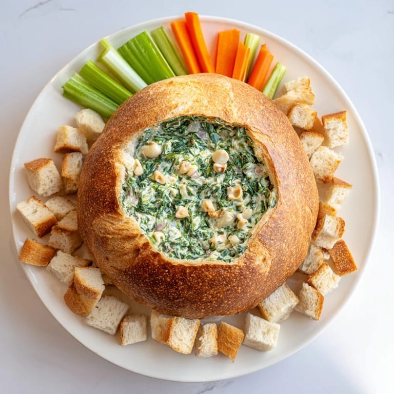 Scooping luscious The Best Spinach Dip Ever from a bread bowl, ready for a flavorful bite at a gathering.