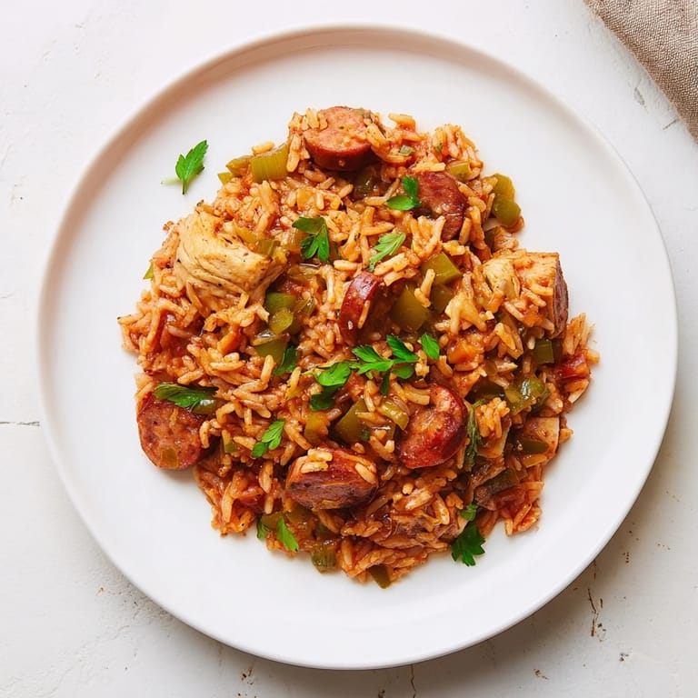 Golden-brown chicken and sausage mingling with rice in a flavorful Simple Jambalaya Bake, ready for serving.