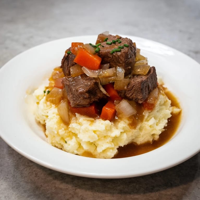 Delicious aroma! Tender beef stew spooned over mashed potatoes, showcasing Fall Apple Cider Stew Mash's perfect texture.