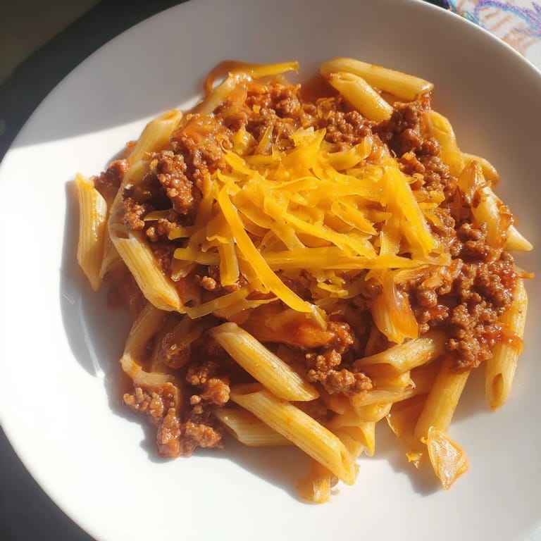 Cheesy Easy Beef Enchilada Pasta, a quick dinner, topped with shredded cheddar, ready to eat!