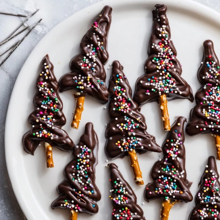 Close-up of freshly made Express Chocolate Christmas Trees, glistening with sprinkles before they set.
