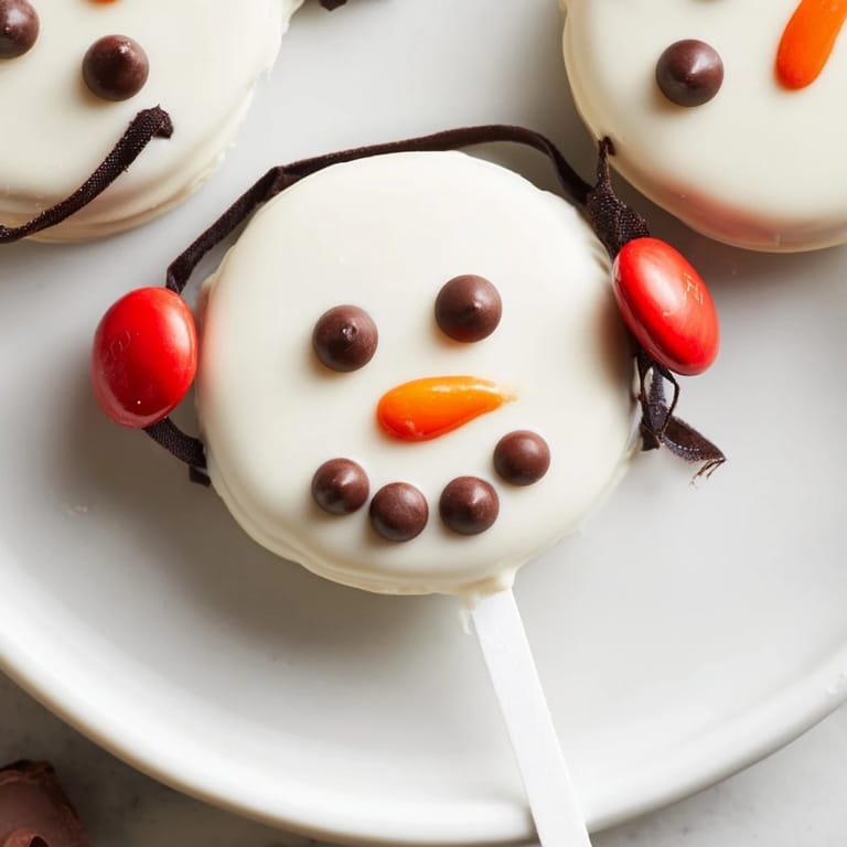 These festive Budget-Friendly Oreo Snowman Pops feature chocolate-covered Oreos with delightful candy faces and scarves.