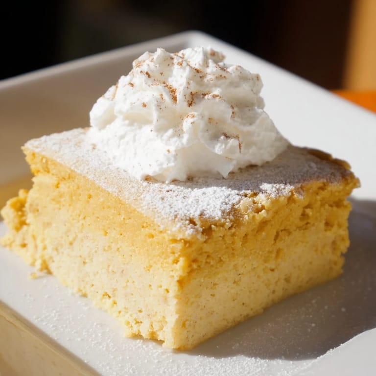 Sliced, golden-brown Simplified Pumpkin Magic Cake with a perfect, wobbly custard layer, ready to eat.