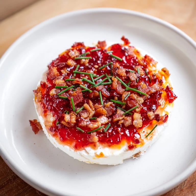 A close-up of a delicious Easy Bacon Pepper Jelly Appetizer, ready to be scooped up with crackers.