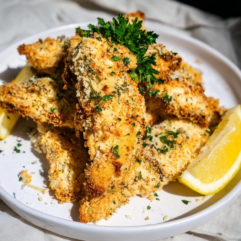 Close-up of baked garlic Parmesan chicken tenders, showing the tempting, crunchy breading.