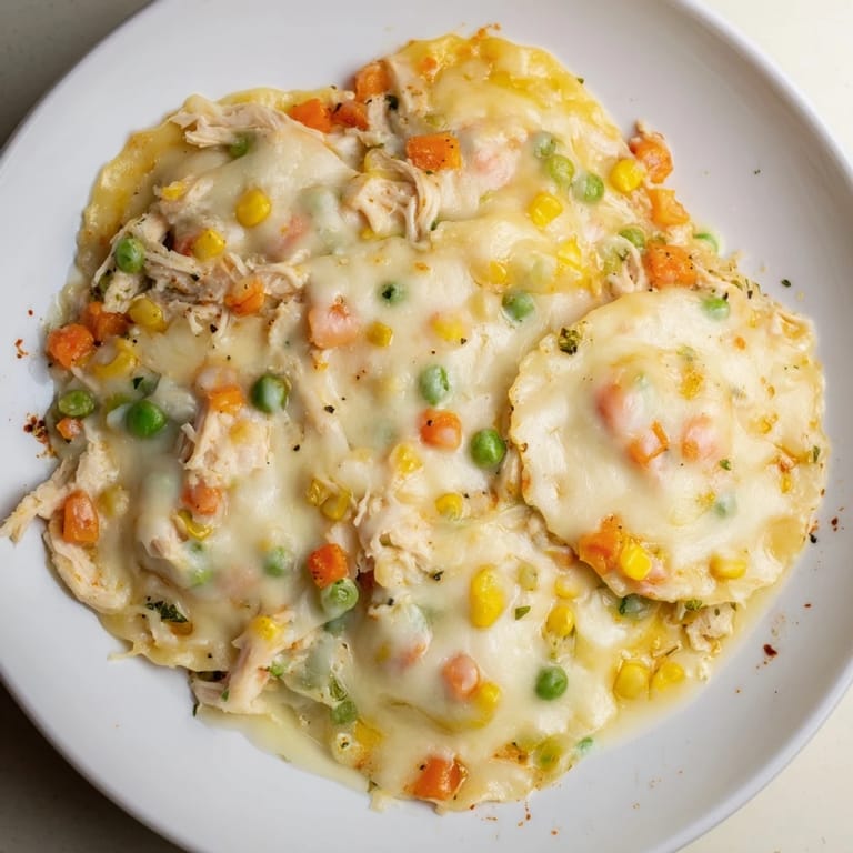 Creamy Chicken Pot Pie Ravioli Bake: a family favorite featuring savory chicken, veggies, and pasta baked beautifully.
