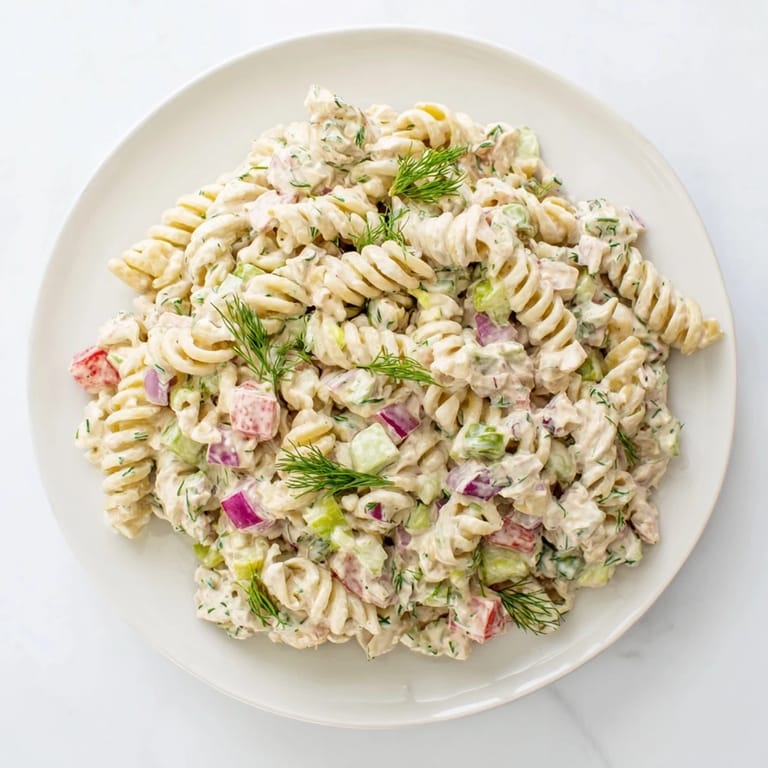 Close-up of a delightful Dill Pickle Chopped Pasta Salad, showing fresh dill and diced cheddar cheese.