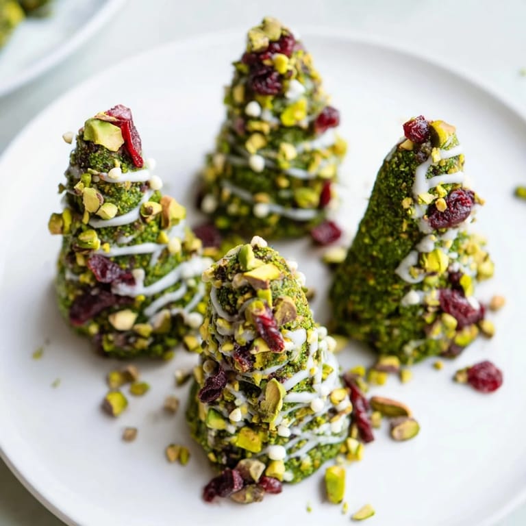 These no-bake Matcha Pistachio Christmas Tree Energy Bites feature festive, decorated, edible mini Christmas trees ready to enjoy.