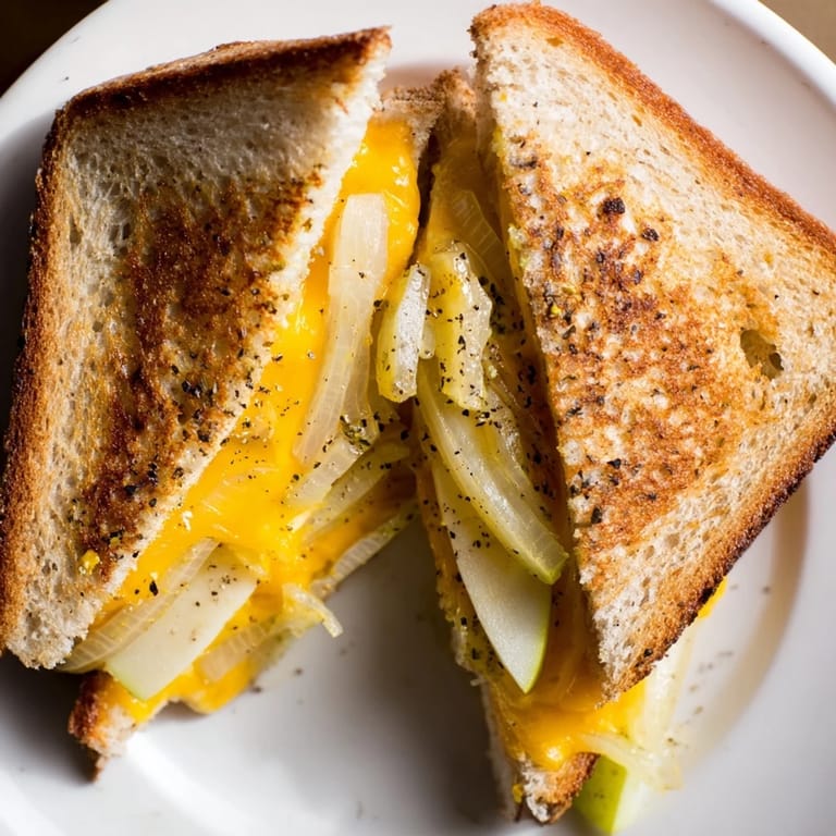 Warm, buttery Caramelized Onion, Apple & Cheddar Grilled Cheese with visible apple slices and cheese pull.