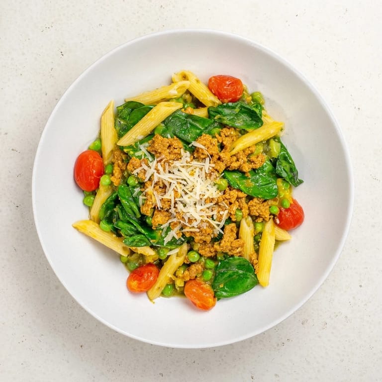 This One-Pot Creamy Pesto Pea Protein Pasta showcases a hearty, flavorful Italian-inspired vegetarian dinner.