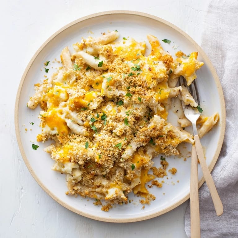 A close-up of a casserole dish filled with creamy Lightened Mac & Cheese featuring fun snowflake pasta.