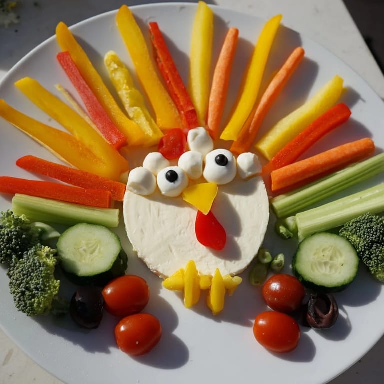 This festive turkey shaped appetizer tray features vibrant vegetables perfect for a delightful holiday snack.