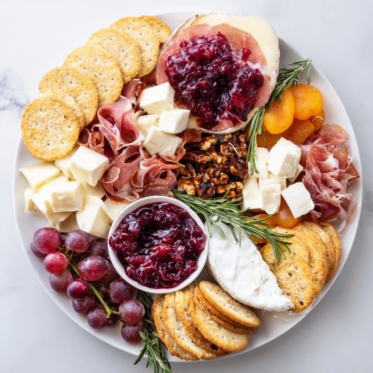 Fresh and colorful Cranberry Wreath Platter showcases a delicious array of cheeses, meats, and crackers, beautifully arranged.