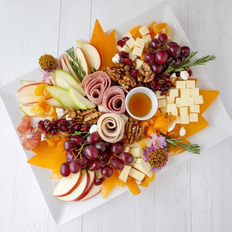 Vibrant photo shows the finished Maple Leaf Grazing Tray, overflowing with cheeses, meats, crackers, and autumnal colors.