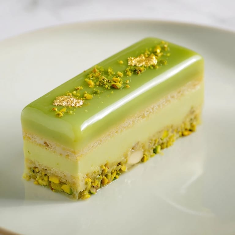 Close-up of perfectly formed Grenouille Royale Petits Fours, showing layers of almond sponge and pistachio cream.