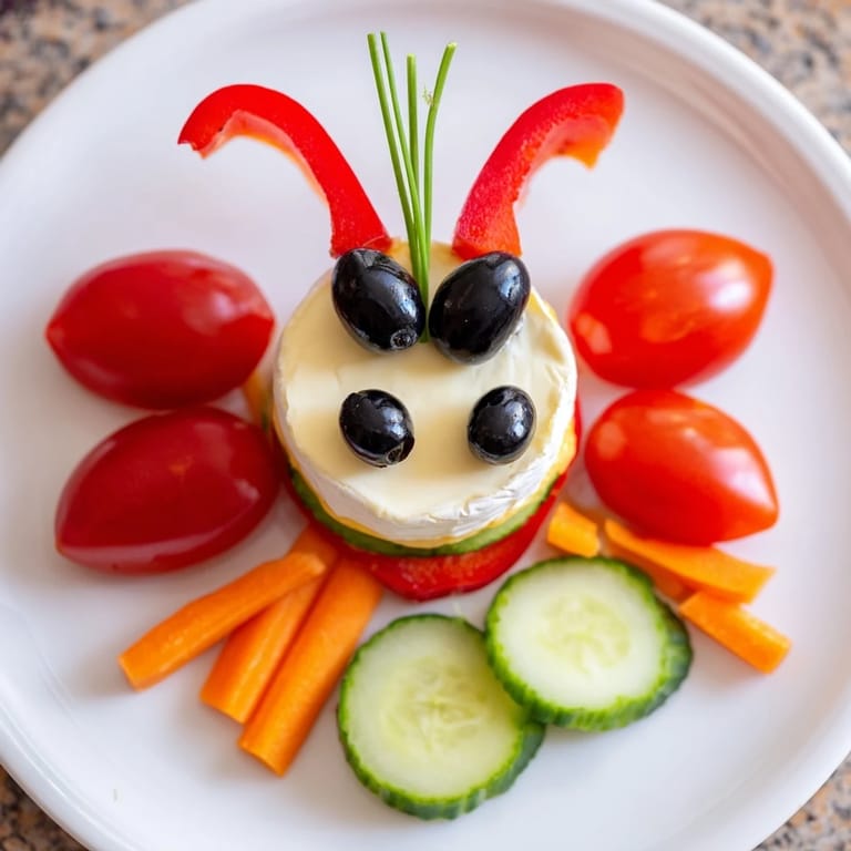 Whimsical ladybug Coccinelle Amusante Planche Pique-Nique: a fun picnic board brimming with fresh vegetables and flavorful dips.