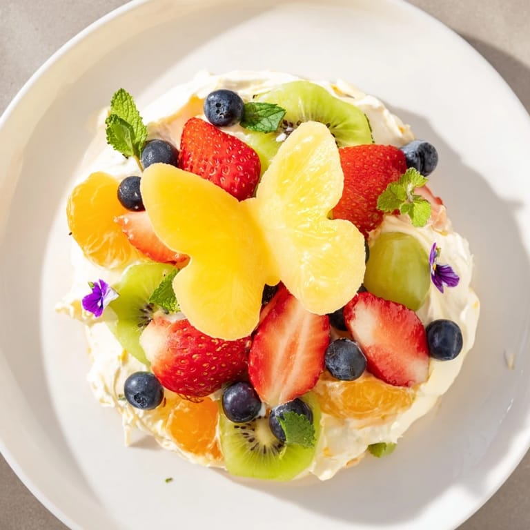 Vibrant Butterfly Fruit and Cream Cheese Board showcasing fresh strawberries and pineapple butterflies, ready to enjoy with gluten-free crackers.