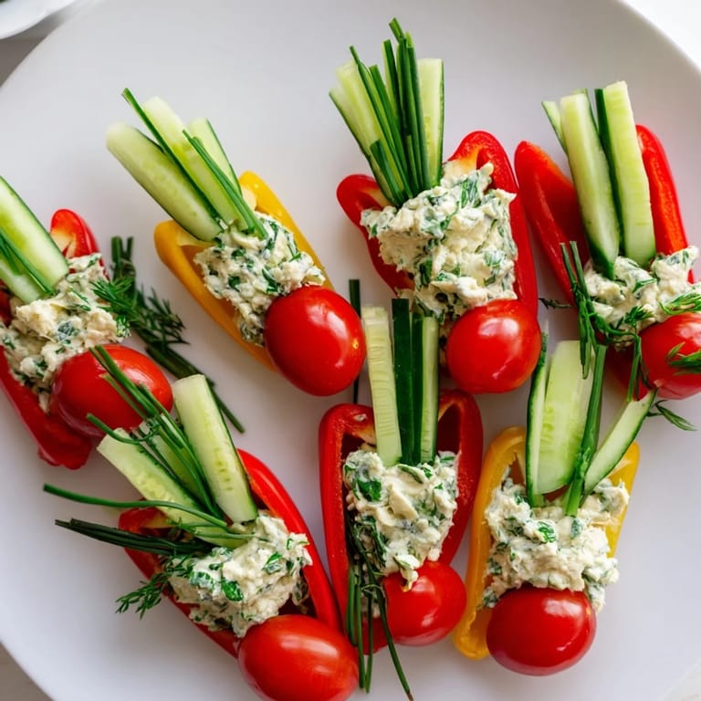 Beautiful Blooming Tulip Veggie Cups appetizer made with colorful vegetables and herbs, ready to serve and enjoy.