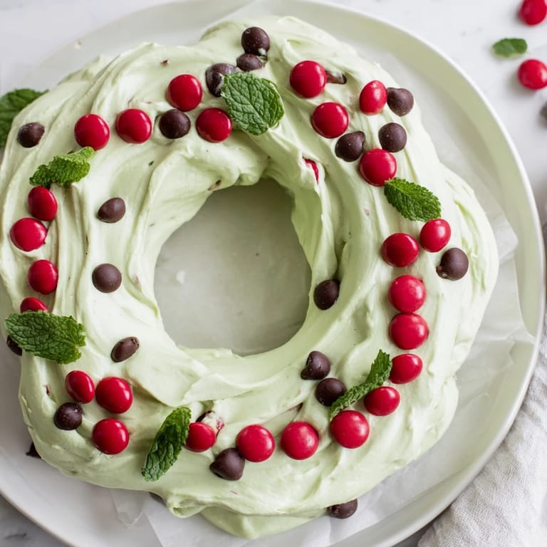 A beautiful holiday Mint Chocolate Chip Dip Wreath, ready for dipping with cookies and pretzels.
