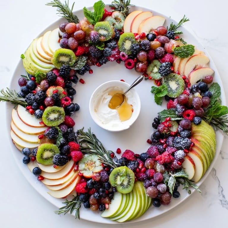 A delicious display of a Winter Berry Wreath Fruit Board with colorful fruits like berries and kiwi.