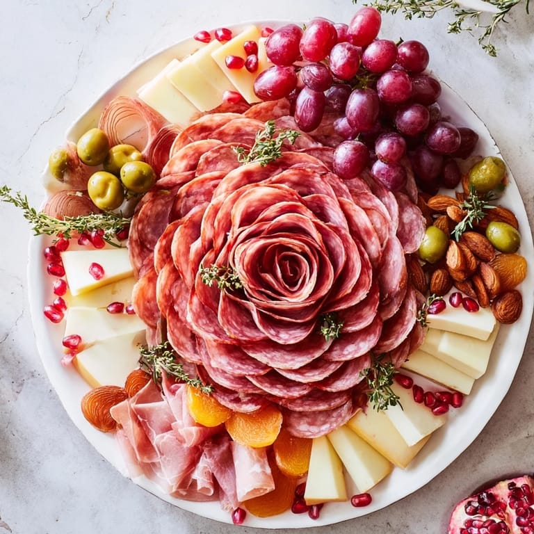Holiday charcuterie board showing vibrant meat roses, perfect for parties and easy entertaining.