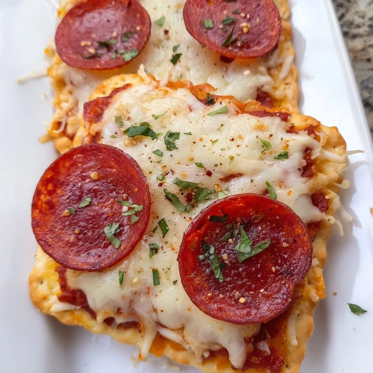 Golden, bubbly cheese melts atop pepperoni on crackers, ready to enjoy these quick, easy Savory Bites.