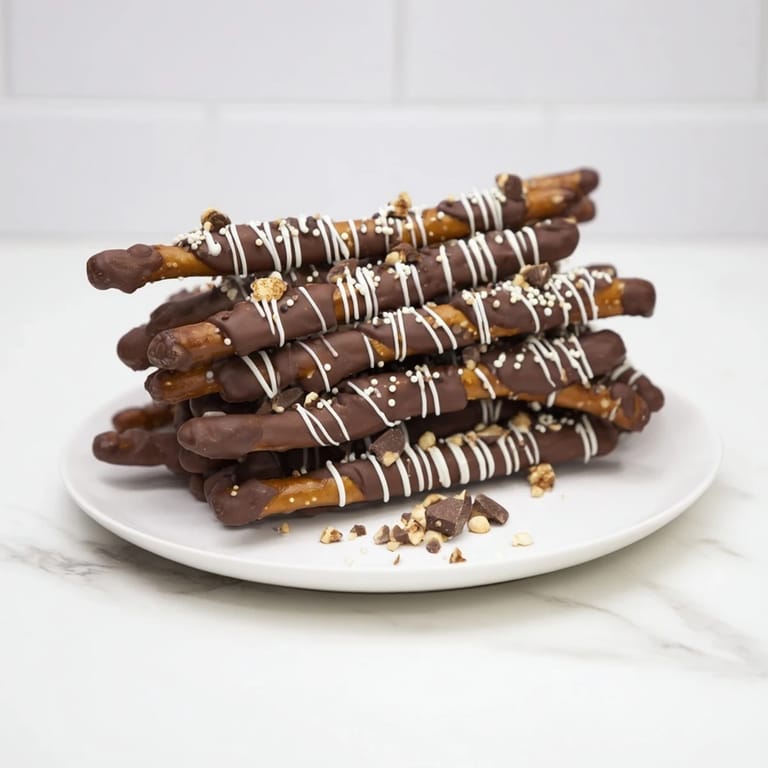 Imagine the rich, dark chocolate coating these crunchy chocolate covered pretzel stick stacks for a dessert!