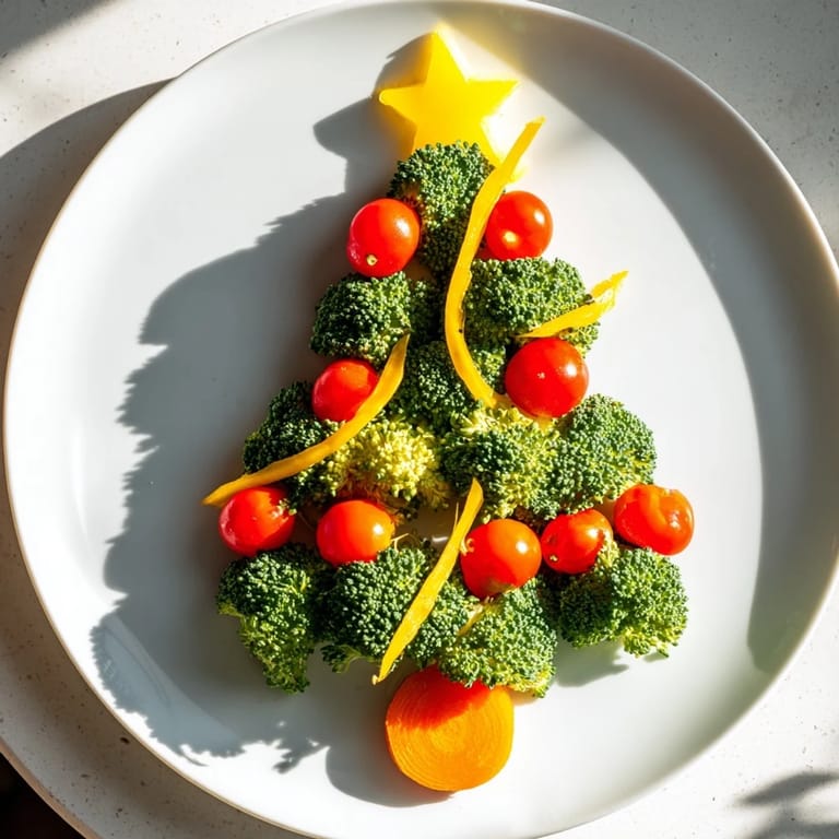 A festive broccoli tree appetizer, displaying bright cherry tomatoes like colorful holiday decorations for a party.