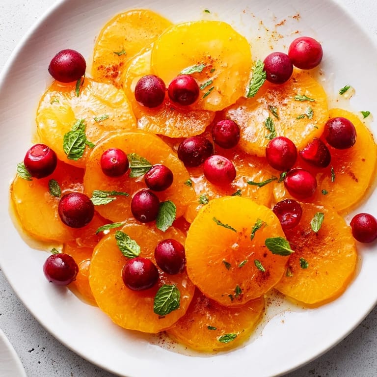 Freshly assembled winter fruit salad with bright orange and cranberry layers, drizzled with sweet dressing.
