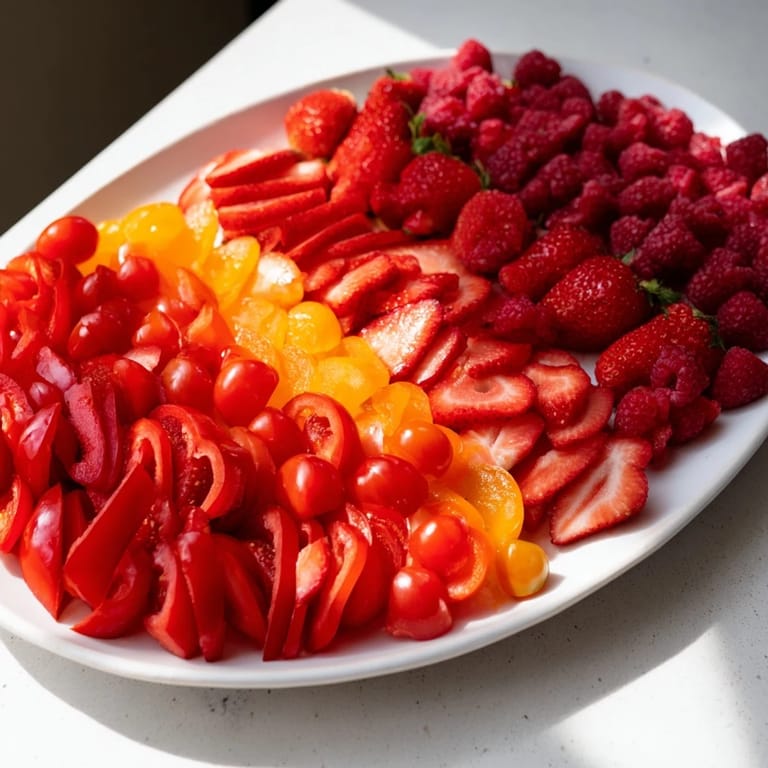 This beautiful Rainbow Pride spectrum grazing board displays a vibrant array of fruits and veggies ready to enjoy.