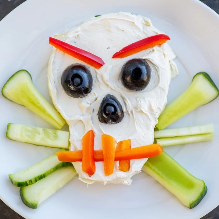 Creamy Skull & Bones Spooky Spread, with black olive eyes and carrot teeth, ready to serve and enjoy.
