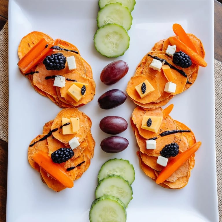 Vibrant arrangement of Monarch Butterfly Wings appetizer with orange bell pepper and black grapes, ready to serve.