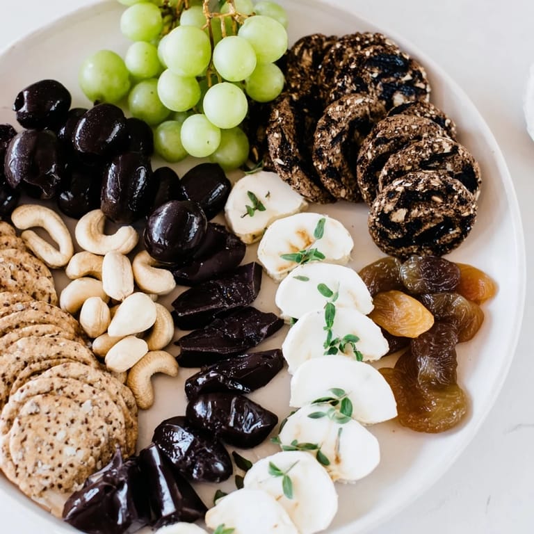Gorgeous Yin and Yang Balance Board: a visual delight featuring olives, crackers, cheese and apricots.