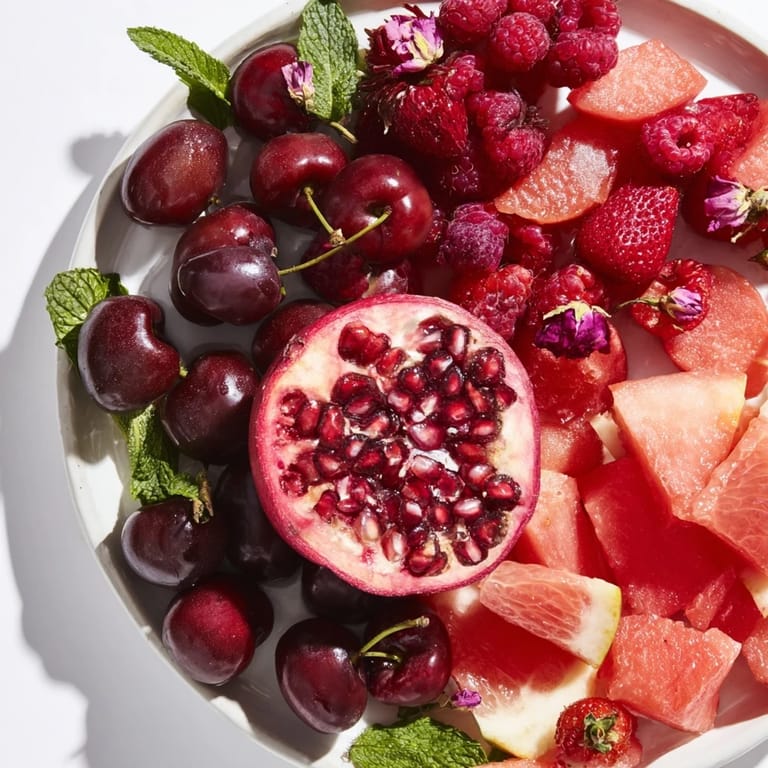 A stunning The Pomegranate Pivot, showcasing a colorful, layered fruit platter with a pomegranate centerpiece.