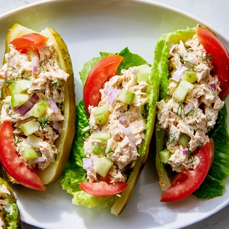 Juicy chicken salad spilling from hollowed-out pickles, a delicious pickle sandwich creation.