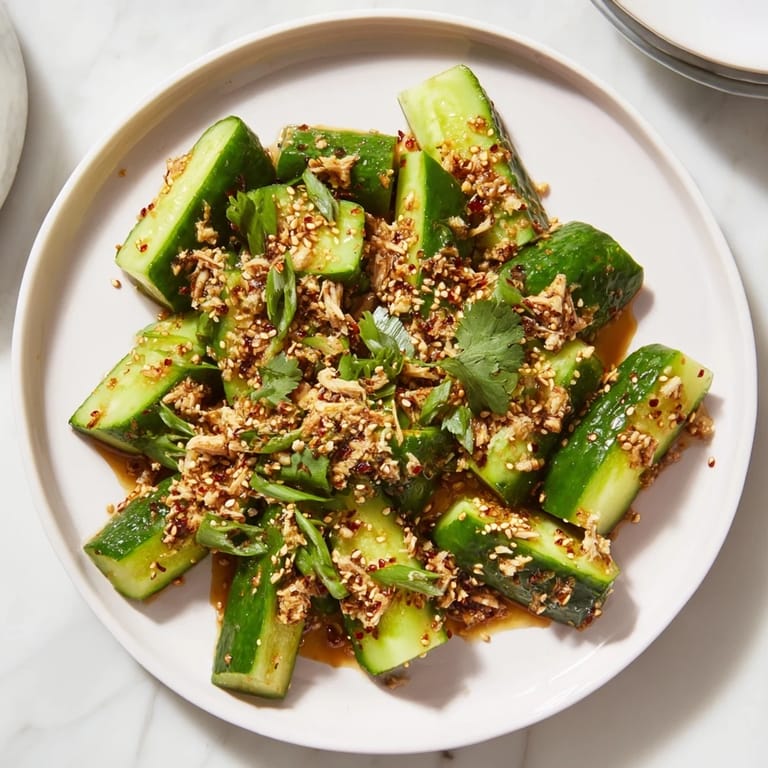Vibrant image shows the delicious Whole Cucumber Logan Salad, featuring juicy rotisserie chicken and crunchy cucumbers.