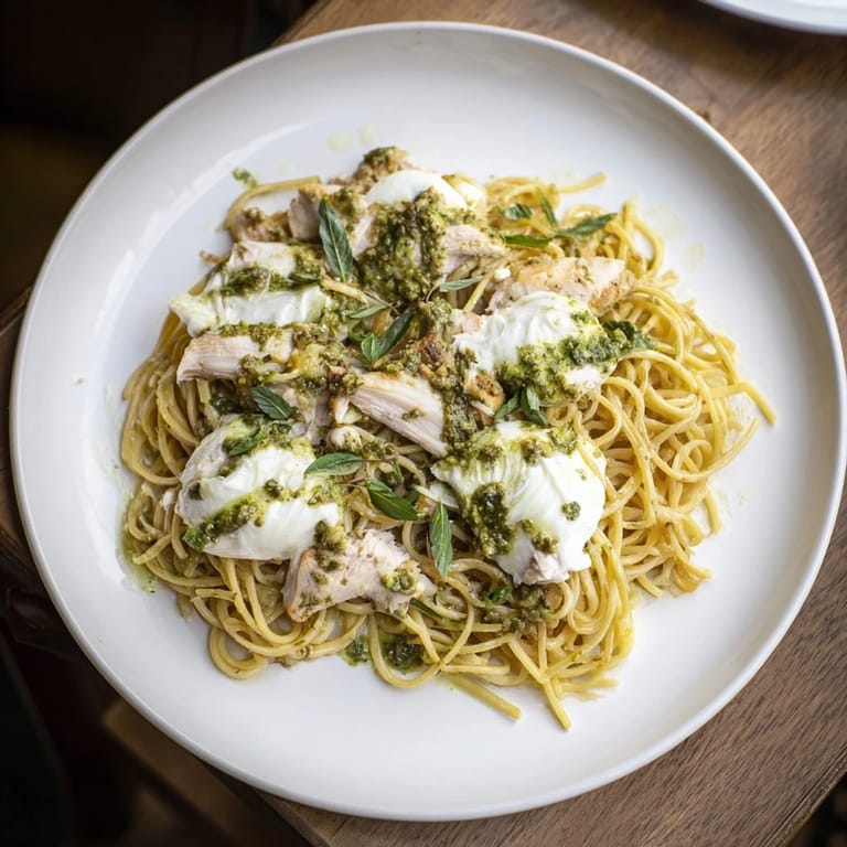 Savory pesto egg and chicken pasta with golden chicken pieces, served in a bowl.